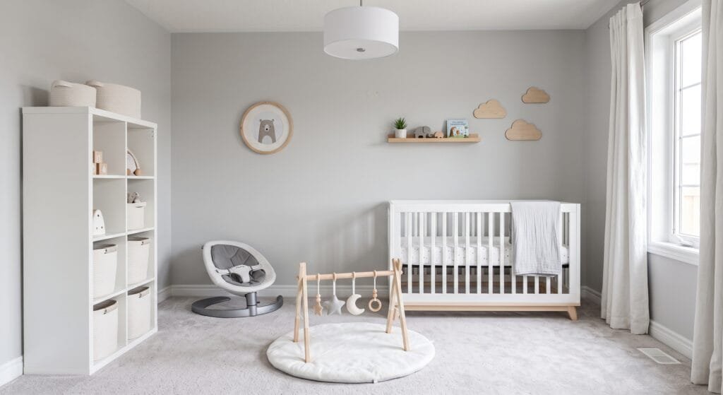 Bright gender-neutral nursery addition in Denver, Colorado featuring a white wooden crib, light grey walls, soft carpeting, and minimalist wooden cloud wall decor