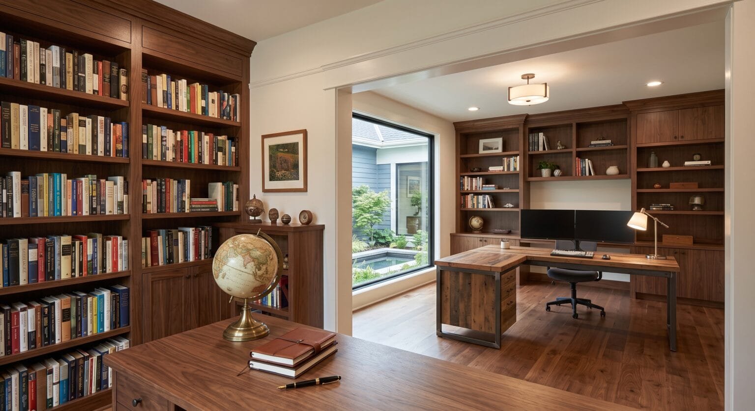 Interior view of a custom home addition in Denver, Colorado, featuring a warm wooden home office with built-in bookshelves, an L-shaped desk, and a large window looking into a courtyard
