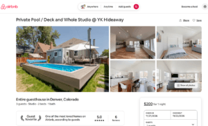 ADU above garage. Airbnb listing for "Private Pool / Deck and Whole Studio @ YK Hideaway," an entire guesthouse in Denver, Colorado, rated 5.0 stars as a Guest Favorite