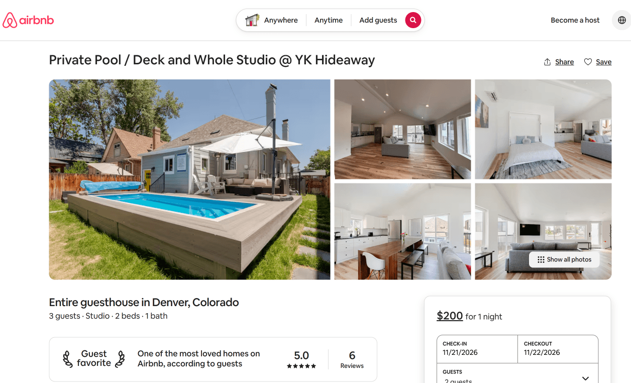 ADU above garage. Airbnb listing for "Private Pool / Deck and Whole Studio @ YK Hideaway," an entire guesthouse in Denver, Colorado, rated 5.0 stars as a Guest Favorite
